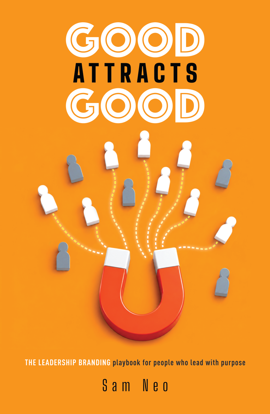 Good Attracts Good by Sam Neo, orange book cover featuring a magnet attracting people